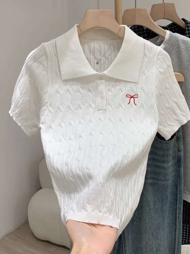 女裝洋氣減齡麻花針織短袖T恤女夏季遮肚顯瘦刺繡打底上衣潮