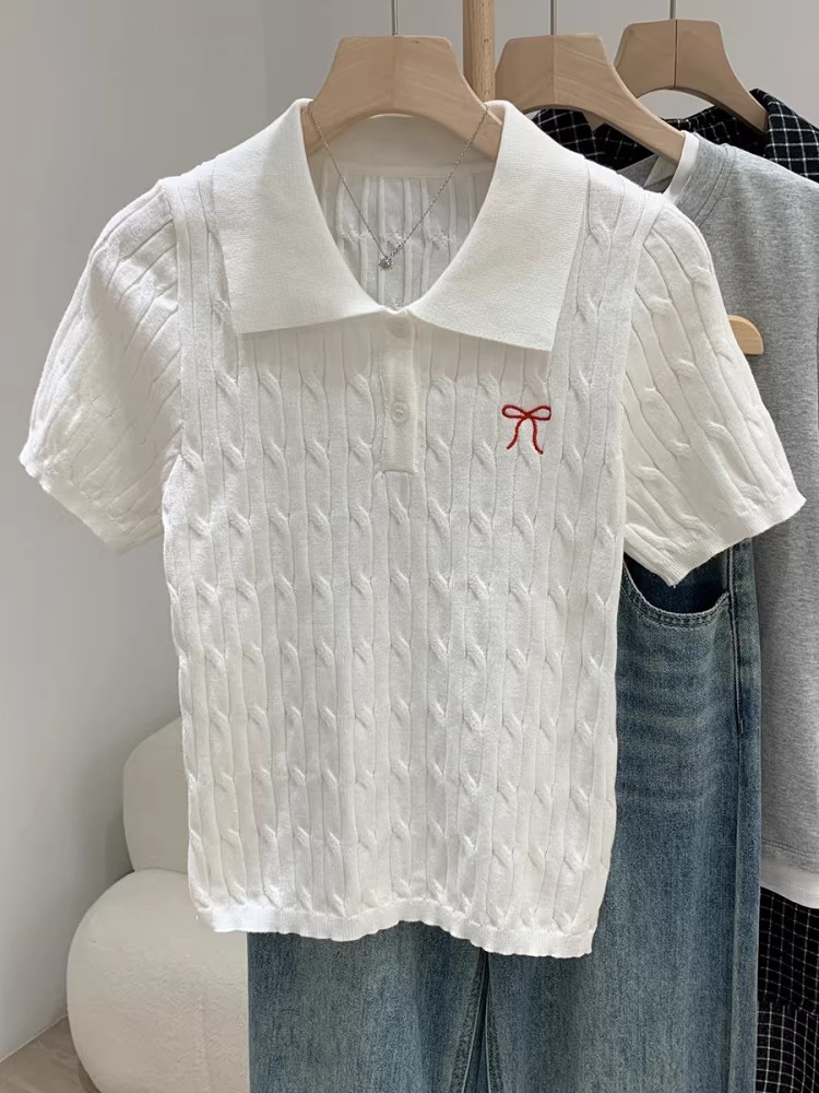 女裝洋氣減齡麻花針織短袖T恤女夏季遮肚顯瘦刺繡打底上衣潮