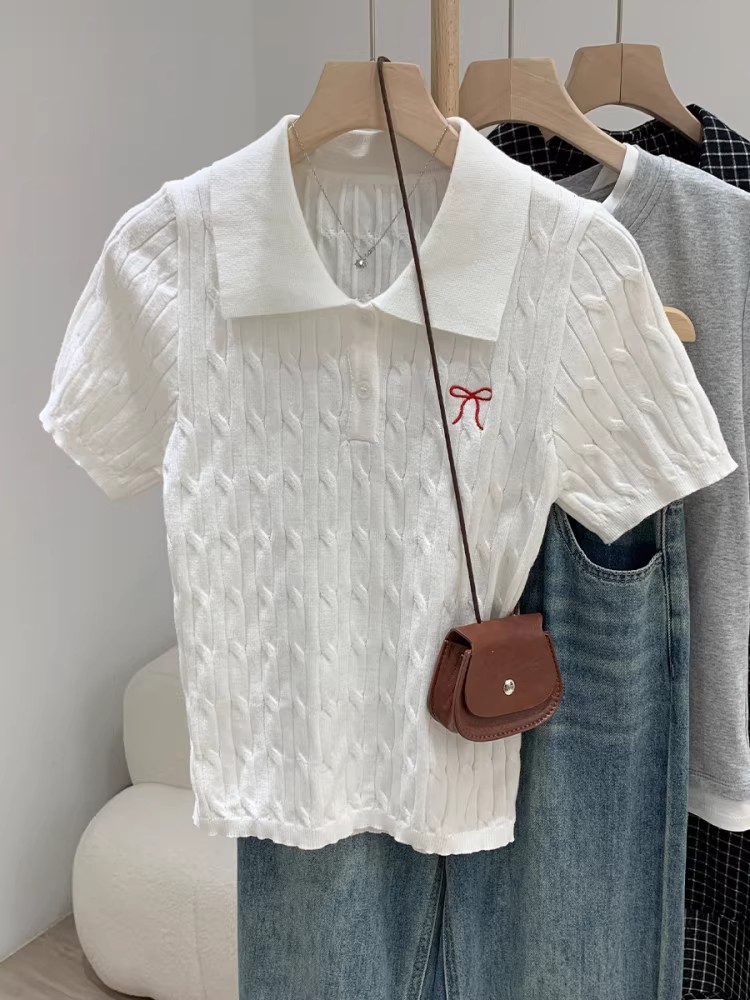 女裝洋氣減齡麻花針織短袖T恤女夏季遮肚顯瘦刺繡打底上衣潮
