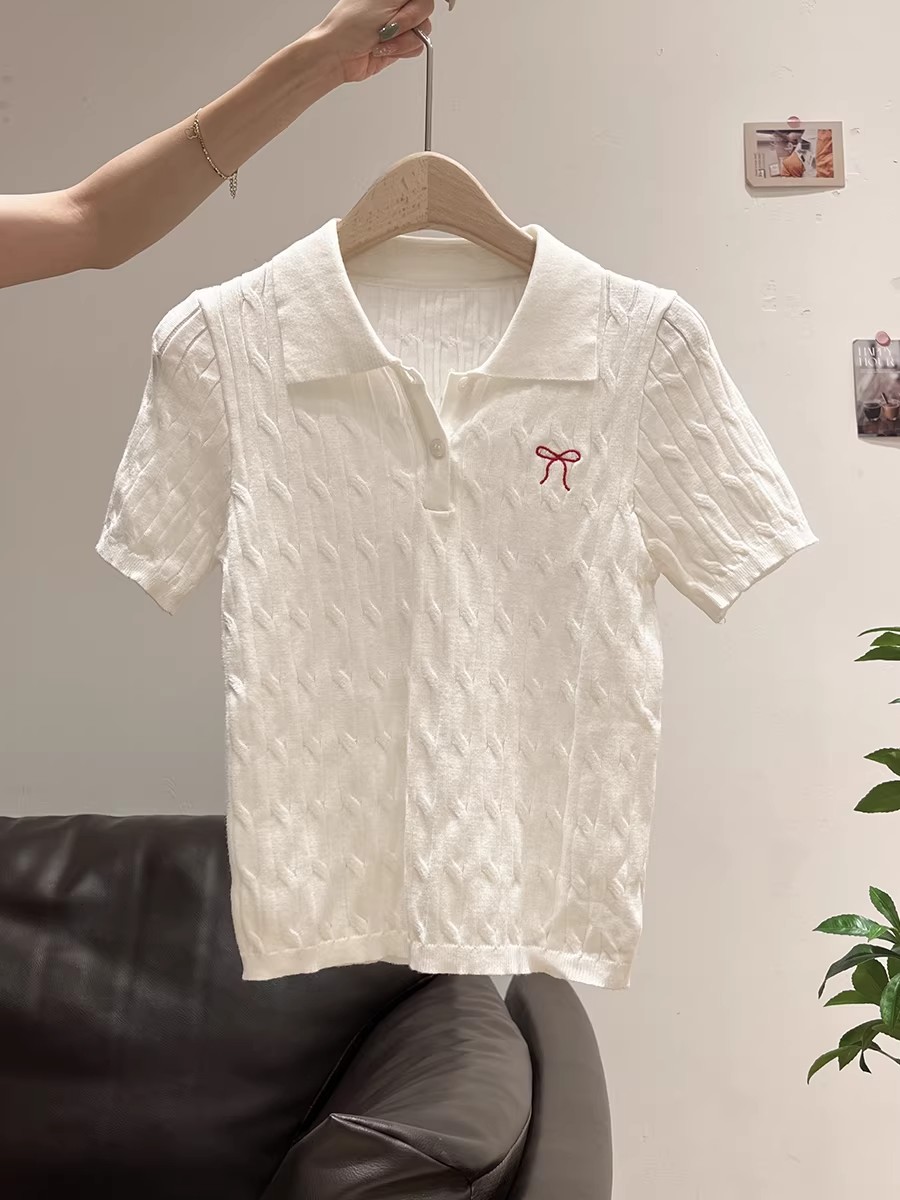韓系麻花刺繡POLO領毛針織衫女2026夏季新款氣質減齡修身顯瘦上衣