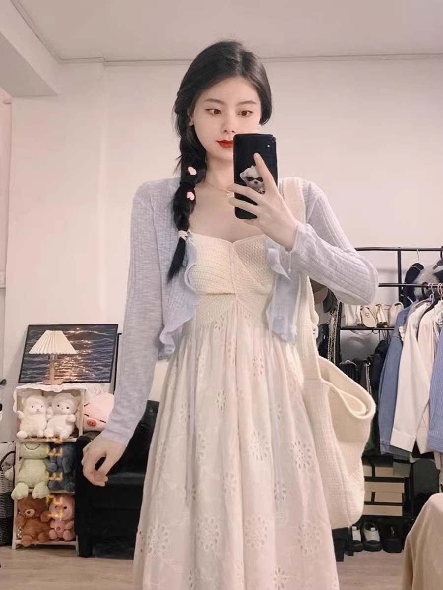 藍色冰絲防曬開衫女薄款針織小外套披肩夏季吊帶連衣裙子外搭罩衫