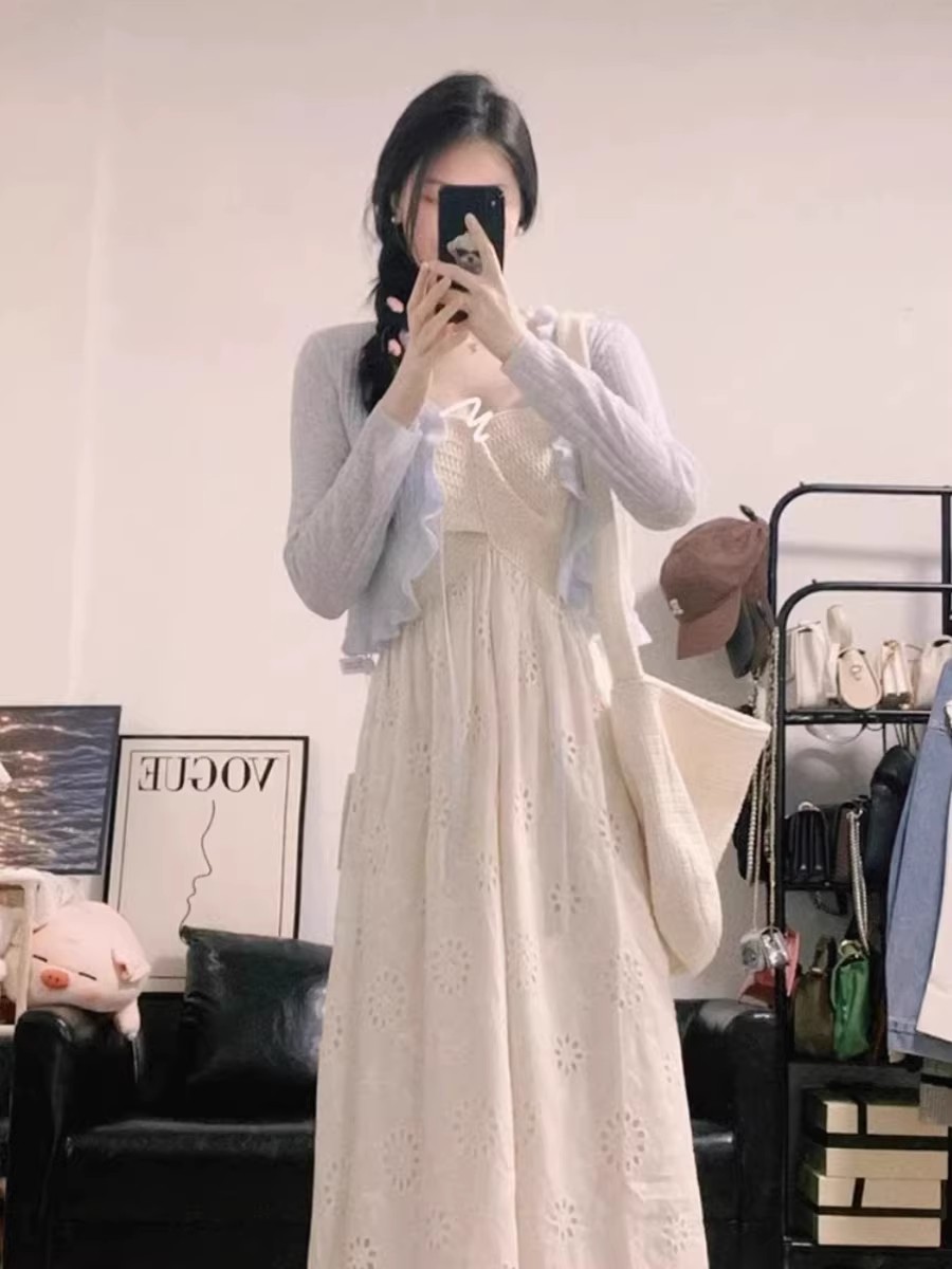 藍色冰絲防曬開衫女薄款針織小外套披肩夏季吊帶連衣裙子外搭罩衫