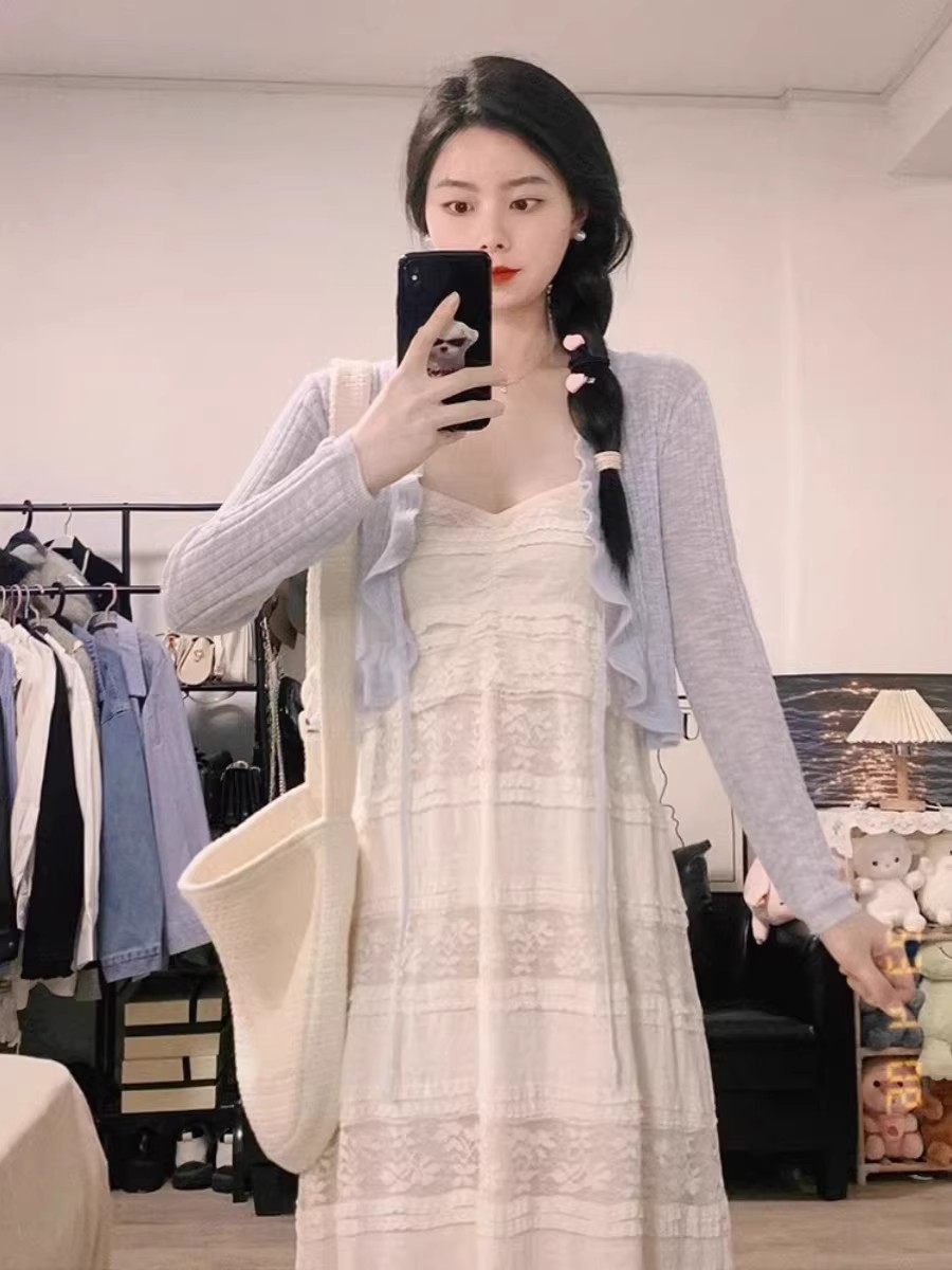 藍色冰絲防曬開衫女薄款針織小外套披肩夏季吊帶連衣裙子外搭罩衫