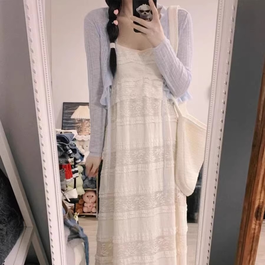 藍色冰絲防曬開衫女薄款針織小外套披肩夏季吊帶連衣裙子外搭罩衫