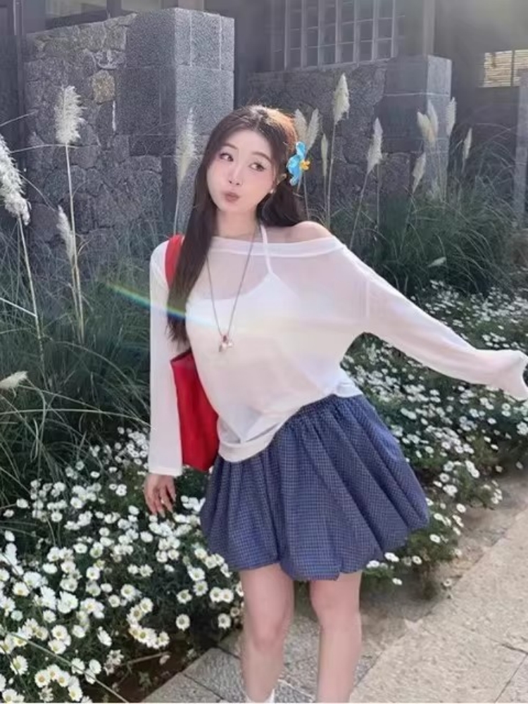 一字肩防曬罩衫女2026年夏季新款斜肩寬松顯瘦慵懶風長袖t恤上衣