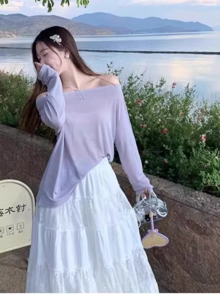 一字肩防曬罩衫女2026年夏季新款斜肩寬松顯瘦慵懶風長袖t恤上衣