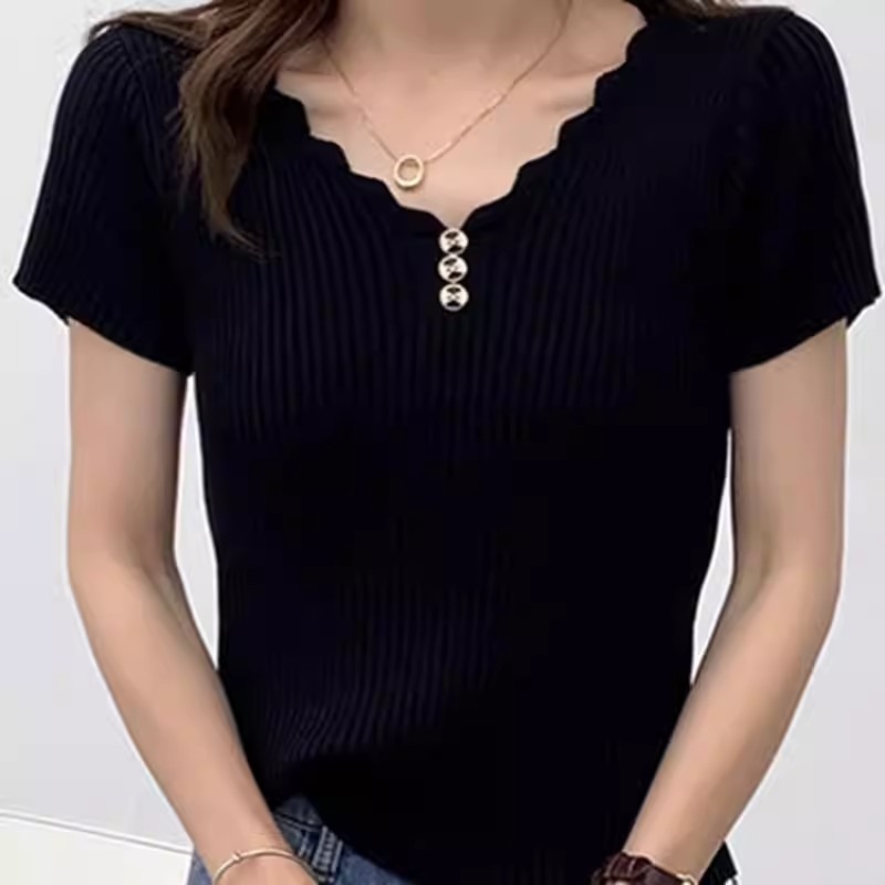 冰絲短袖t恤女裝夏季新款修身短款韓版紐扣V領針織打底衫薄款上衣