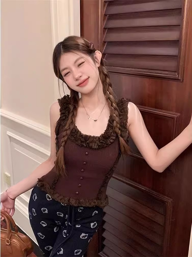 蕾絲木耳邊針織吊帶t恤女裝夏季小個子拼接收腰顯瘦短款背心上衣