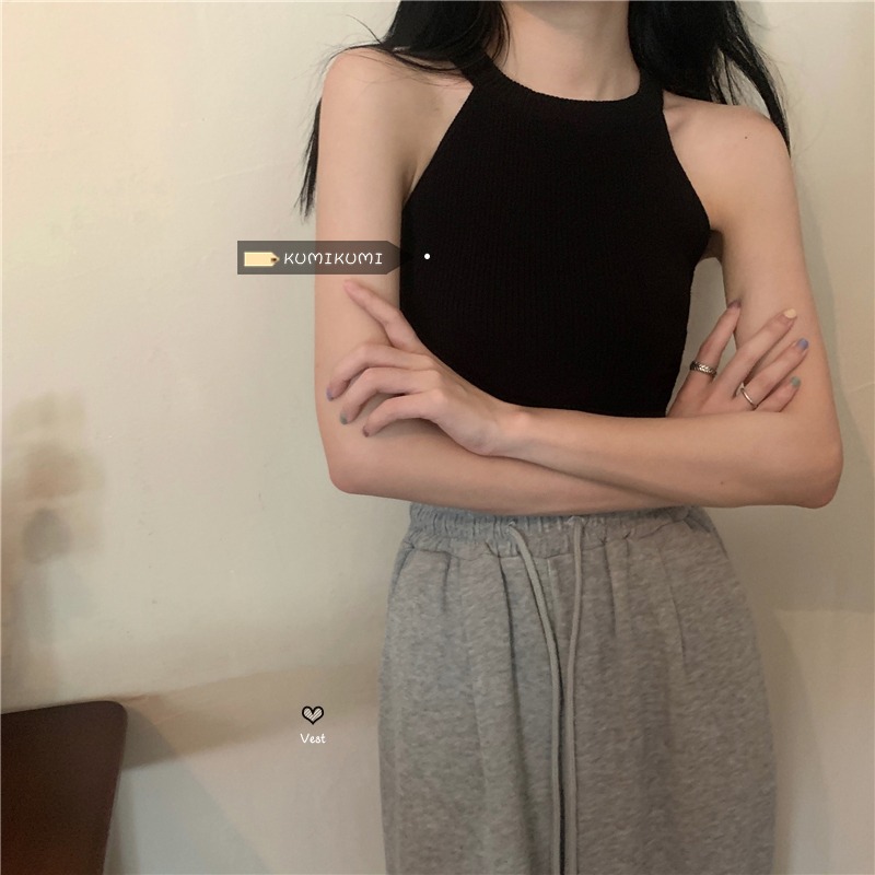小眾內搭針織掛脖背心女夏季辣妹修身上衣短款露肩顯瘦外穿小吊帶