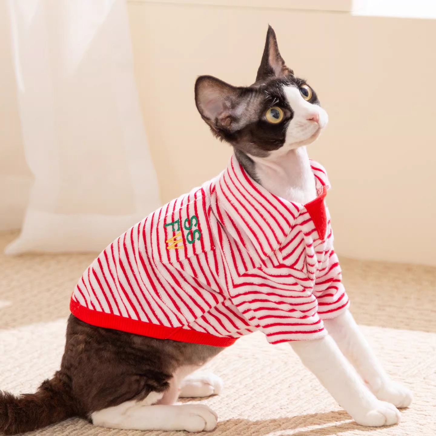 跨境毛巾布翻領兩腳條紋保暖絨衣狗狗貓咪衣服寵物服飾泰迪比熊