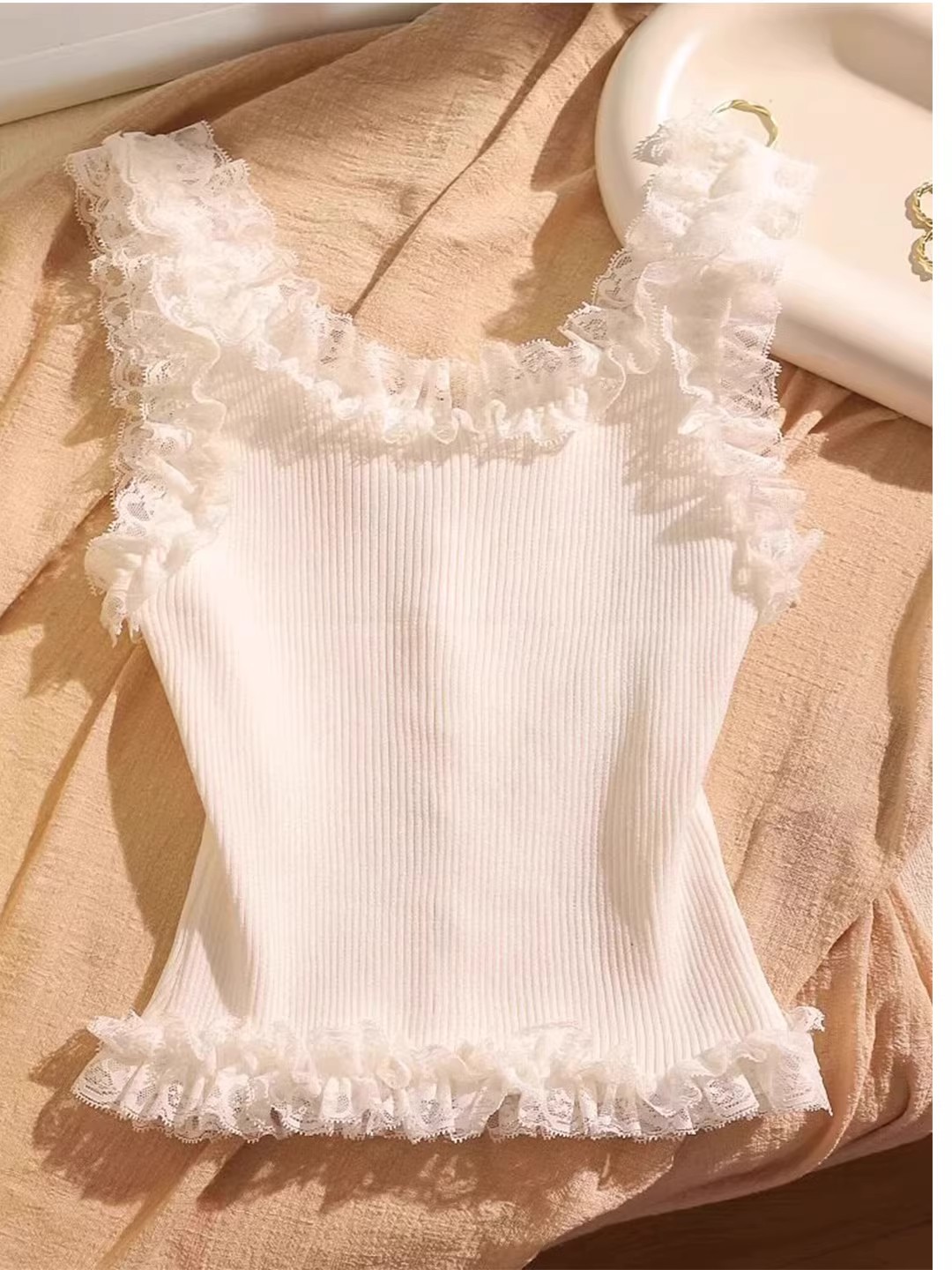 純欲針織蕾絲花邊吊帶背心女內搭夏外穿性感修身短款打底無袖上衣