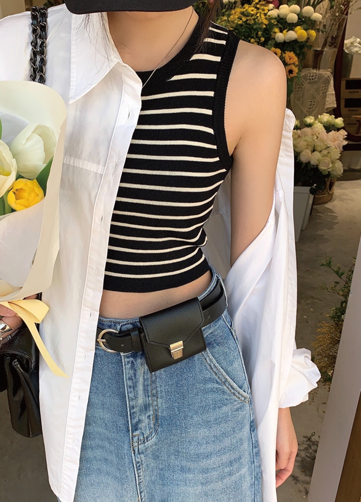黑白條紋冰絲針織小背心女夏季外穿百搭內搭打底美背辣妹短款上衣
