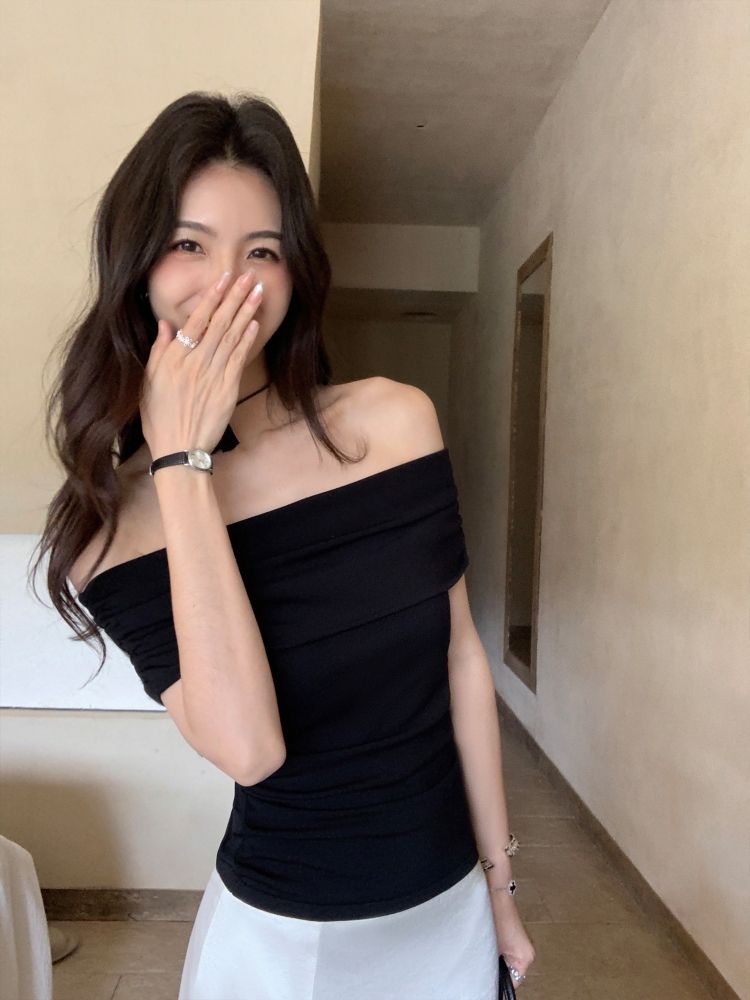 掐腰抹胸一字肩上衣女氣質修身露肩針織衫t恤