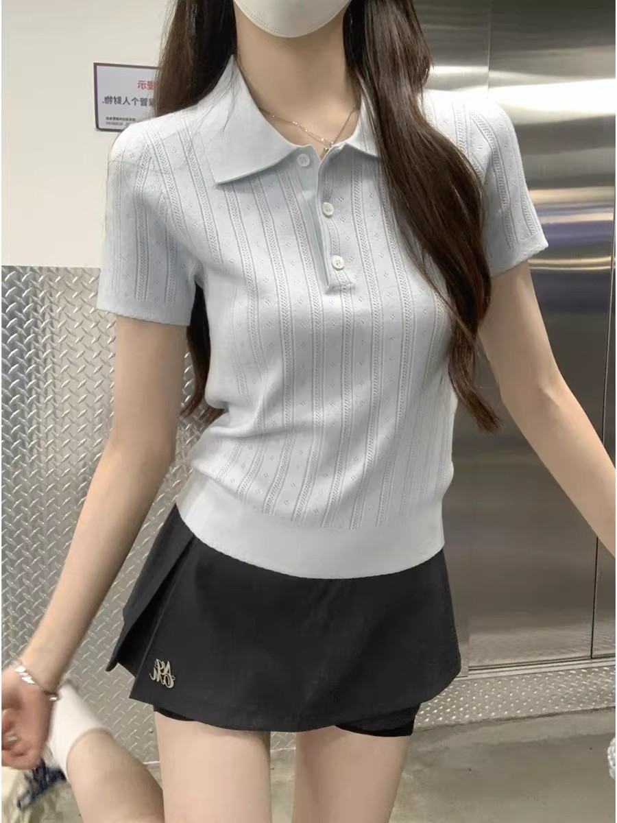 韓系溫柔風Polo領針織短袖t恤女夏季設計感豎條紋修身顯瘦短上衣