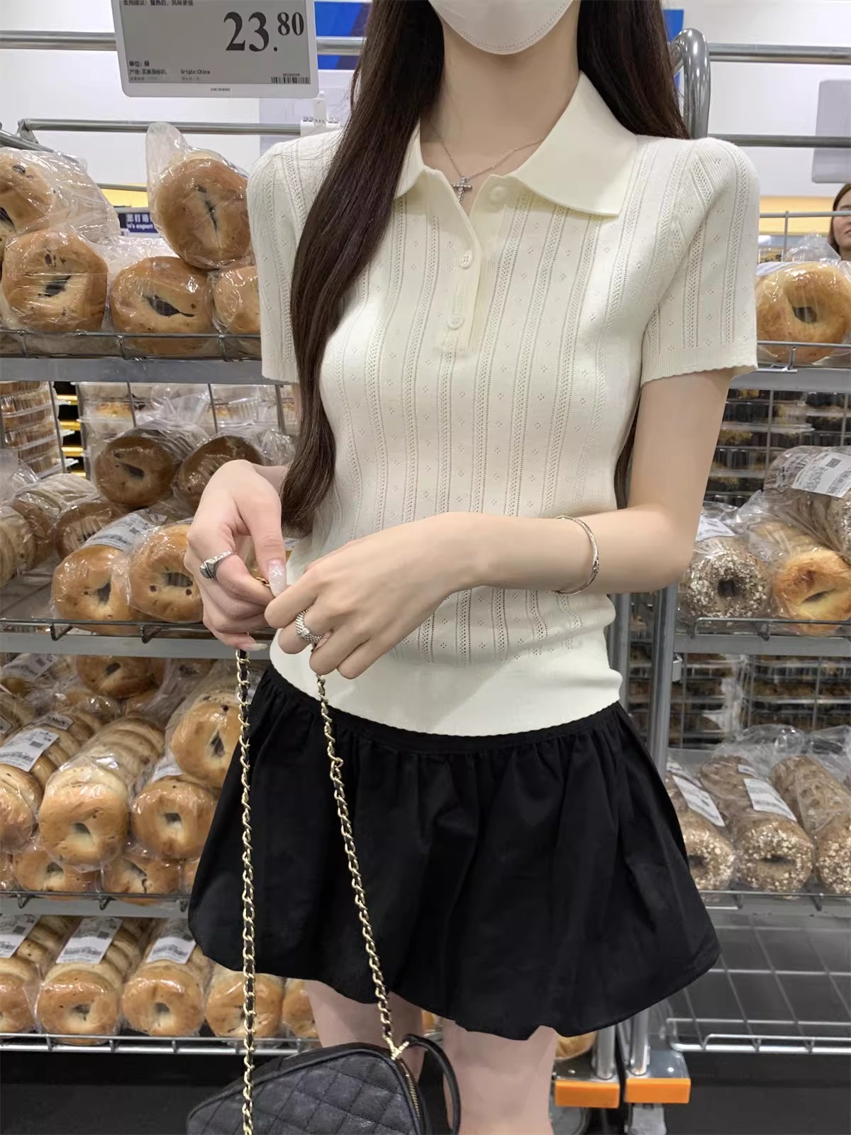 韓系溫柔風Polo領針織短袖t恤女夏季設計感豎條紋修身顯瘦短上衣