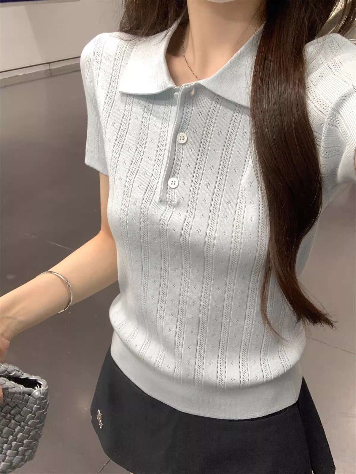 韓系溫柔風Polo領針織短袖t恤女夏季設計感豎條紋修身顯瘦短上衣