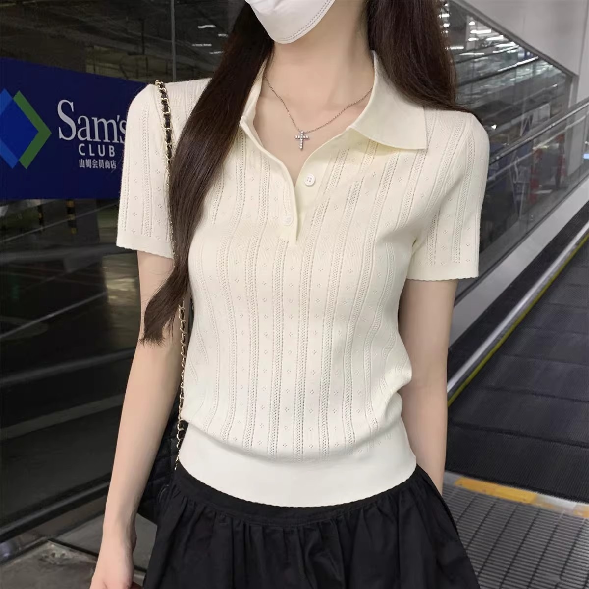 韓系溫柔風Polo領針織短袖t恤女夏季設計感豎條紋修身顯瘦短上衣