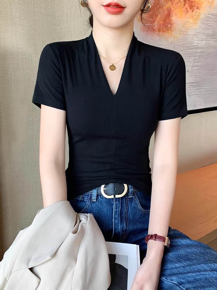 V領短袖t恤女春夏季2026新款西裝內搭修身高級感外穿半袖正肩上衣