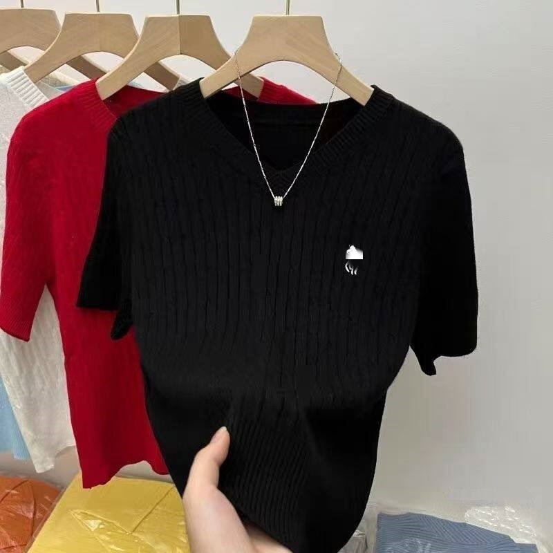 V領T恤刺繡麻花小馬標短袖針織衫夏季新款設計感小眾百搭上衣潮