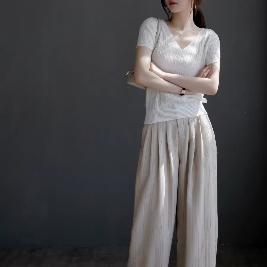 包芯紗v領短袖T恤女春夏麻花紋套頭針織衫收腰顯瘦上衣
