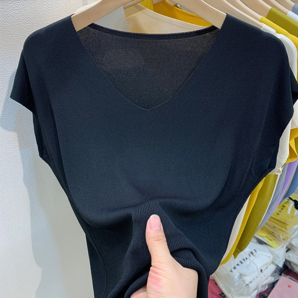 夏季薄款純色v領打底針織衫女設計感舒適輕便休閑冰絲短袖T恤上衣