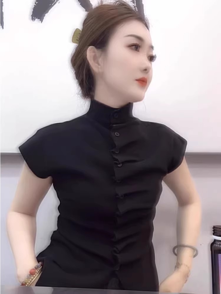 夏季新款褶皺針織衫女三分飛飛袖半高領收腰緊身顯瘦百搭洋氣上衣