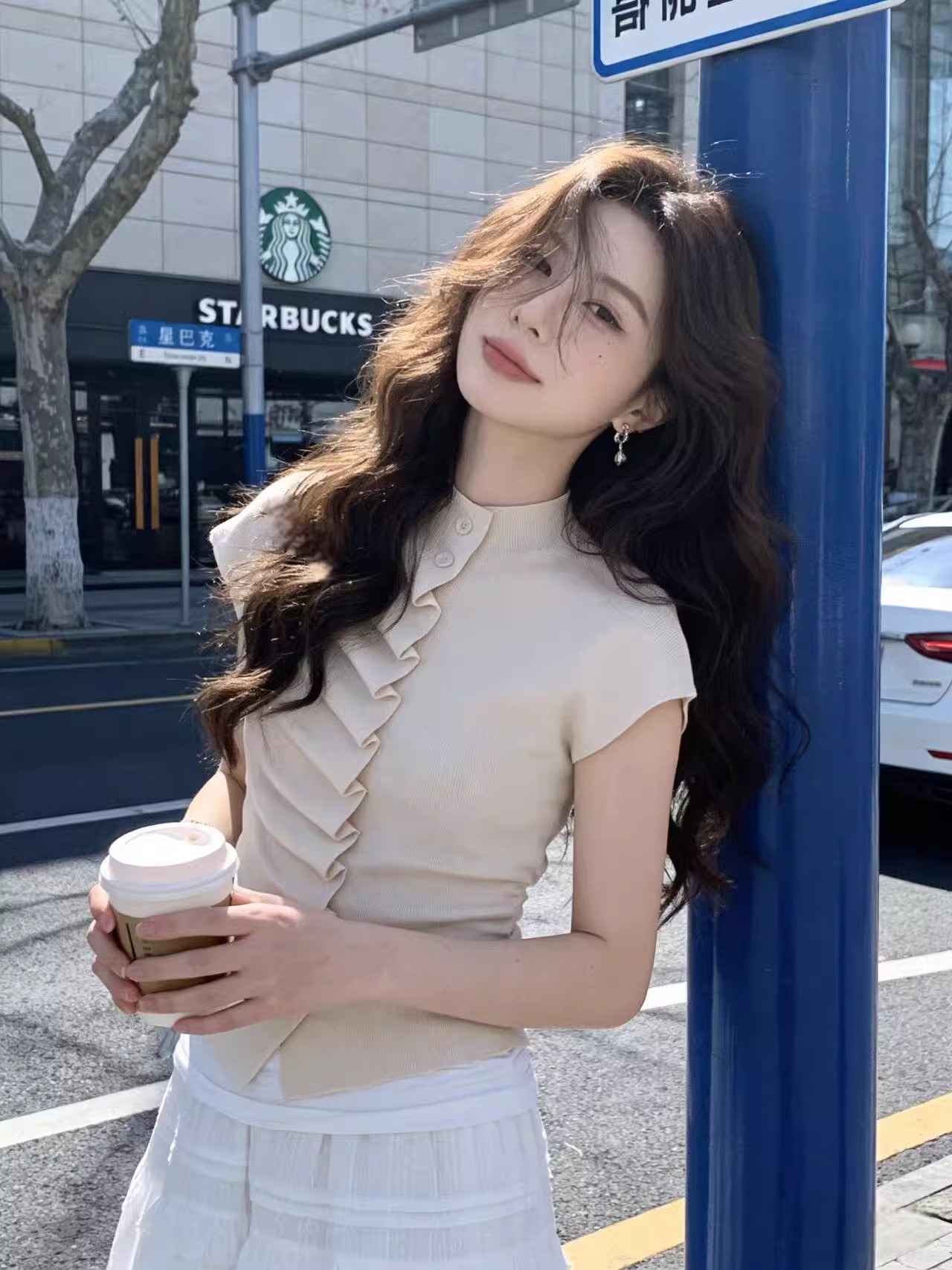 韓系氣質半高領針織衫女春夏百搭設計感小眾紐扣開衫皺褶修身上衣