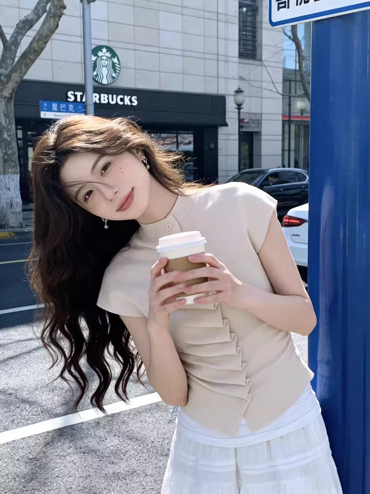 韓系氣質半高領針織衫女春夏百搭設計感小眾紐扣開衫皺褶修身上衣