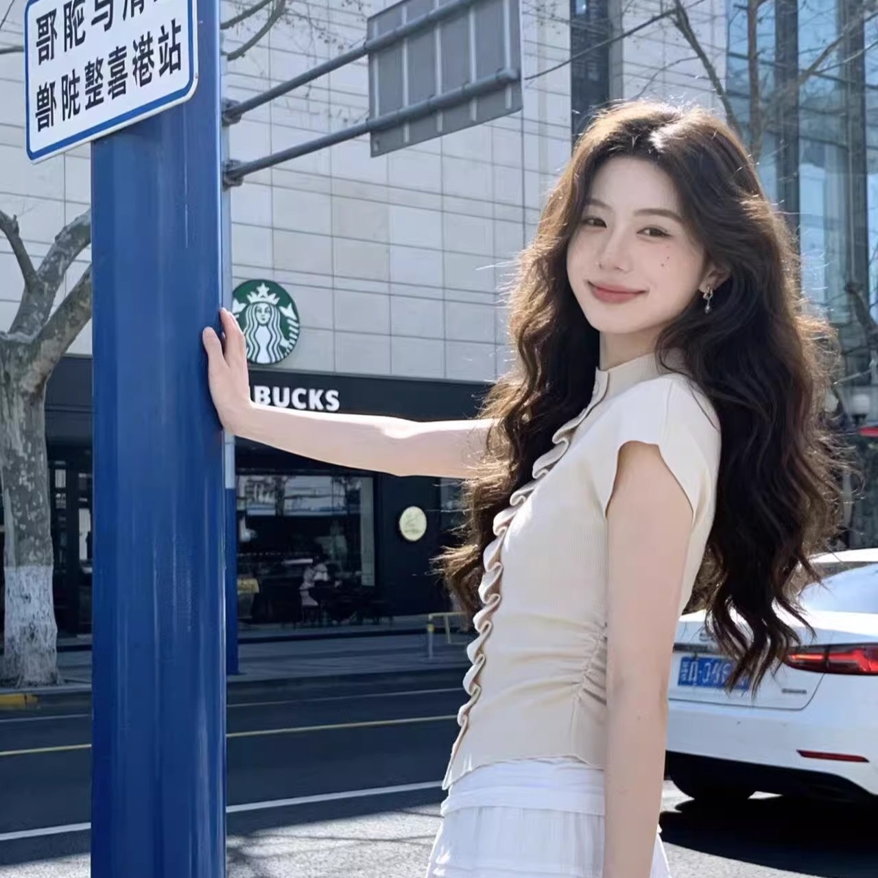 韓系氣質半高領針織衫女春夏百搭設計感小眾紐扣開衫皺褶修身上衣