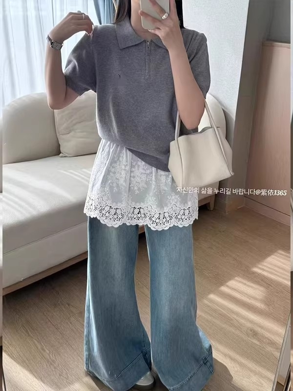 半拉鏈針織衫女短袖2026春夏時尚洋氣時髦正肩刺繡polo衫寬松上衣