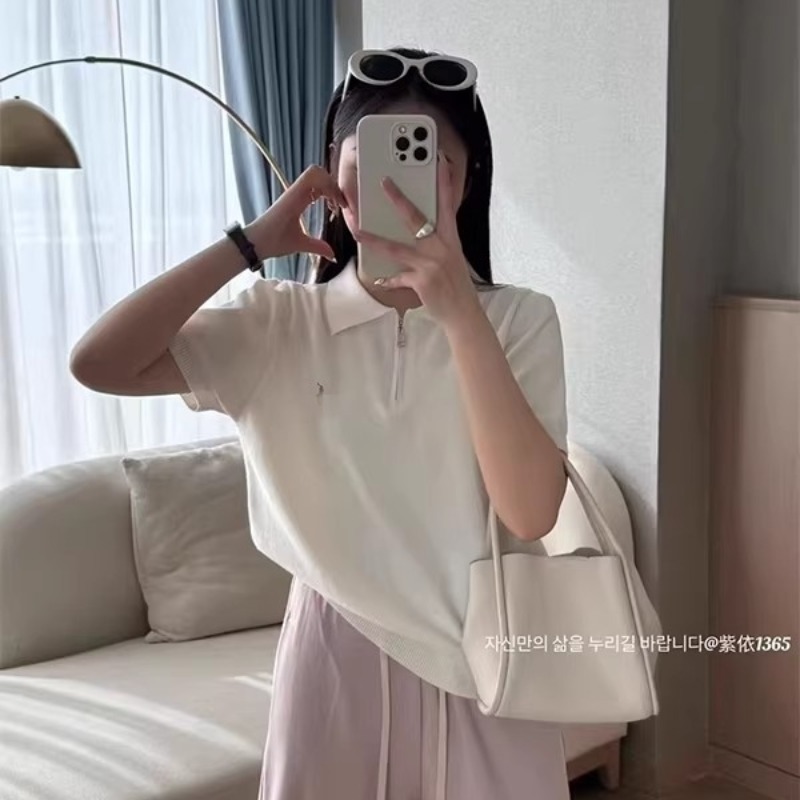 半拉鏈針織衫女短袖2026春夏時尚洋氣時髦正肩刺繡polo衫寬松上衣