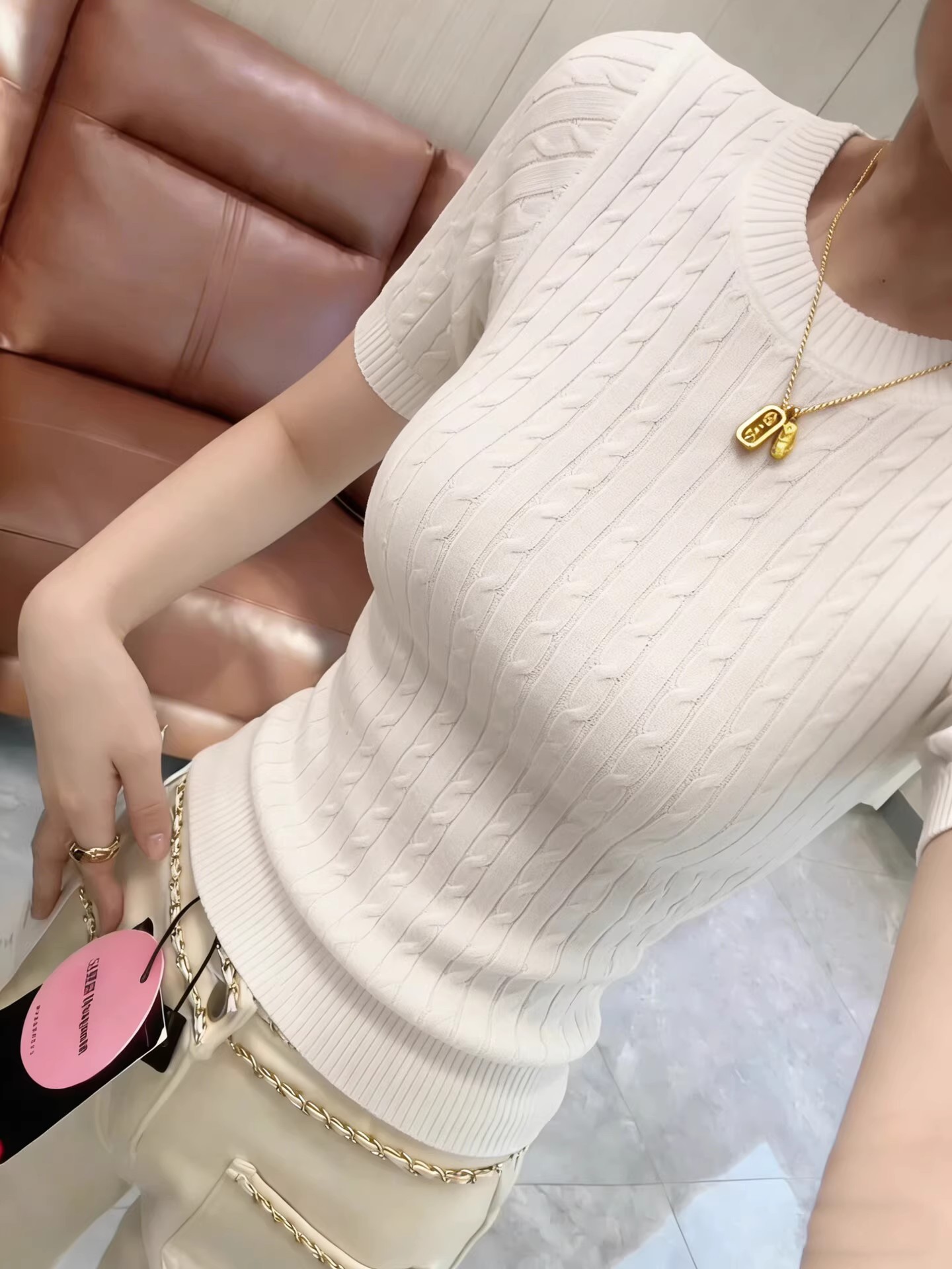 韓系風麻花紋短袖針織T恤女夏季新款修身顯瘦圓領正肩純色小上衣