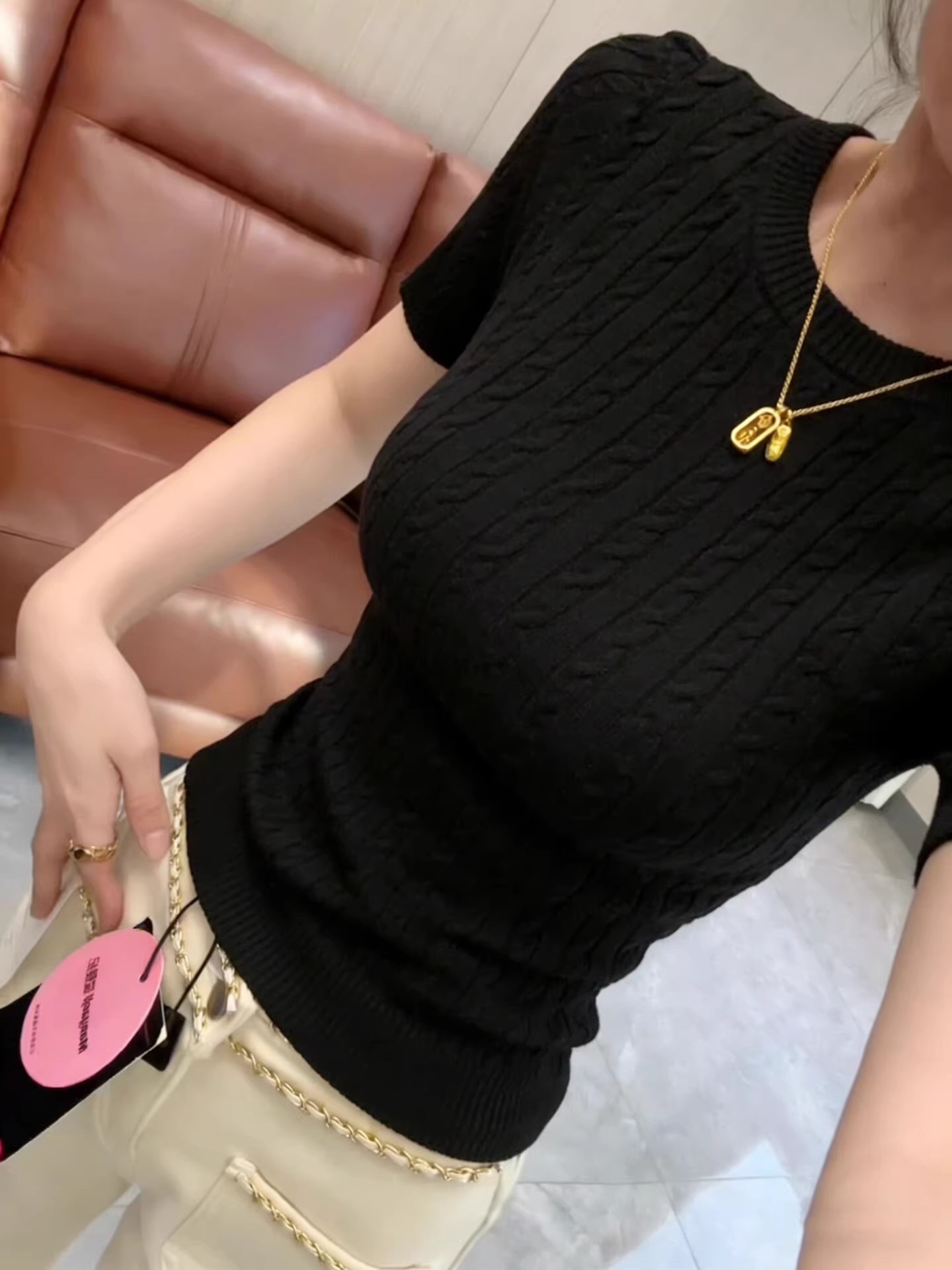 韓系風麻花紋短袖針織T恤女夏季新款修身顯瘦圓領正肩純色小上衣