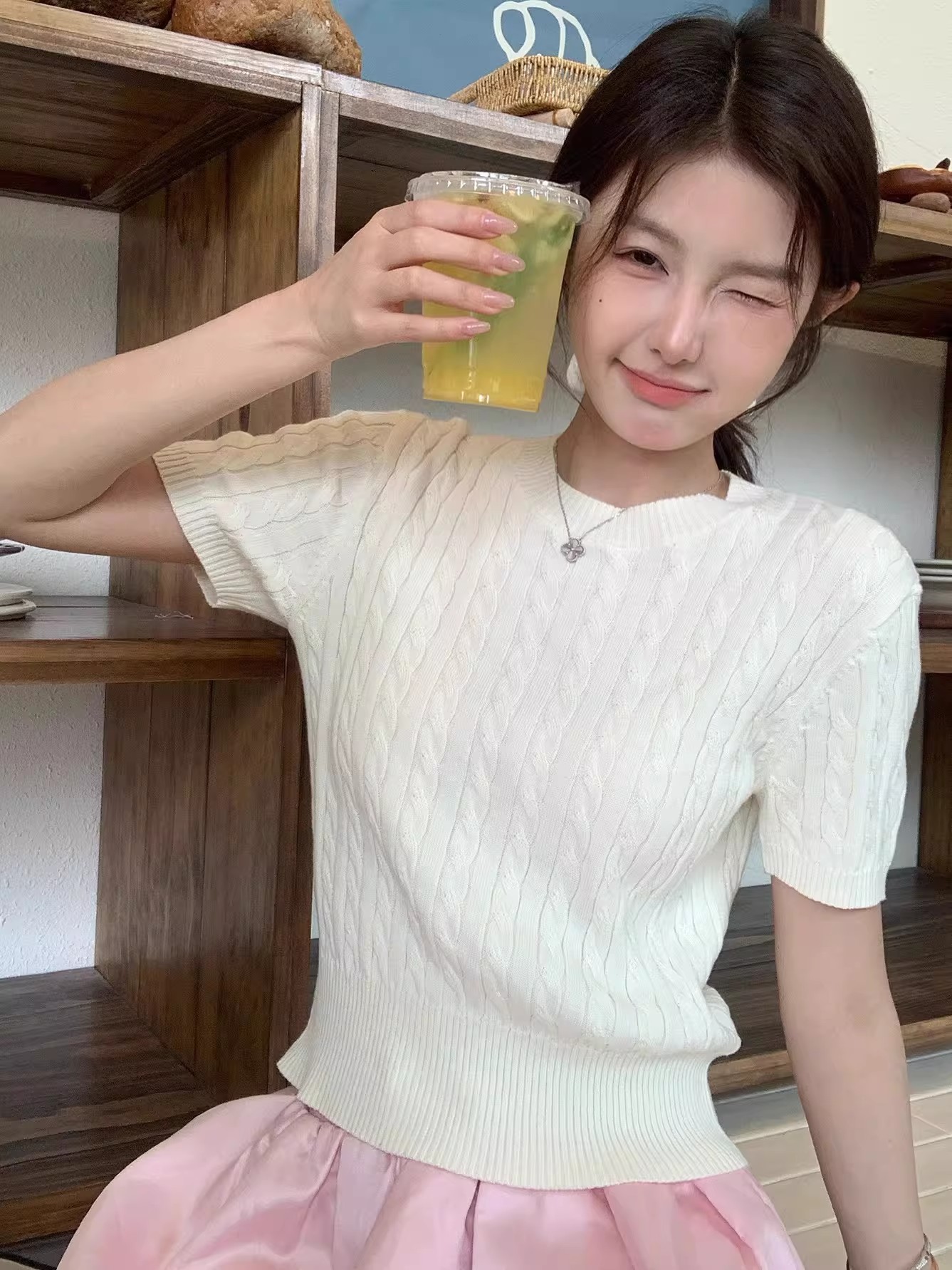 麻花短袖針織衫女夏2026新款圓領正肩T恤小個子時尚百搭洋氣上衣