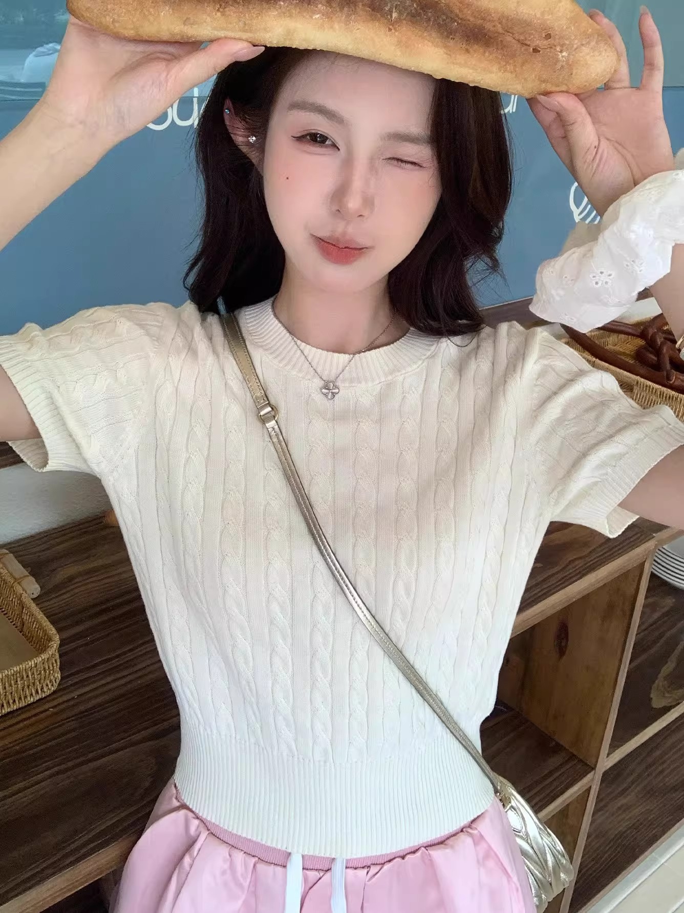 麻花短袖針織衫女夏2026新款圓領正肩T恤小個子時尚百搭洋氣上衣