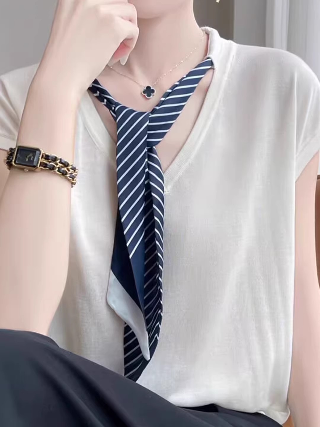 韓版通勤風V領條紋領絲巾飄帶針織衫女薄款寬松顯瘦百搭短袖上衣
