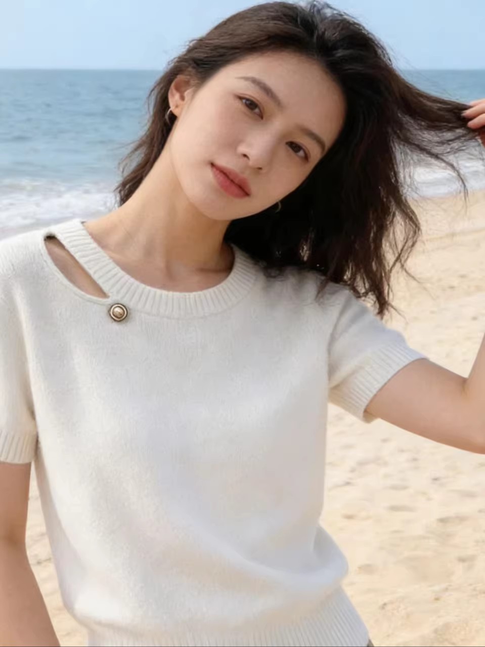 2026夏季新款女士時尚減齡冰絲薄款上衣超好看紫色圓領短袖針織衫