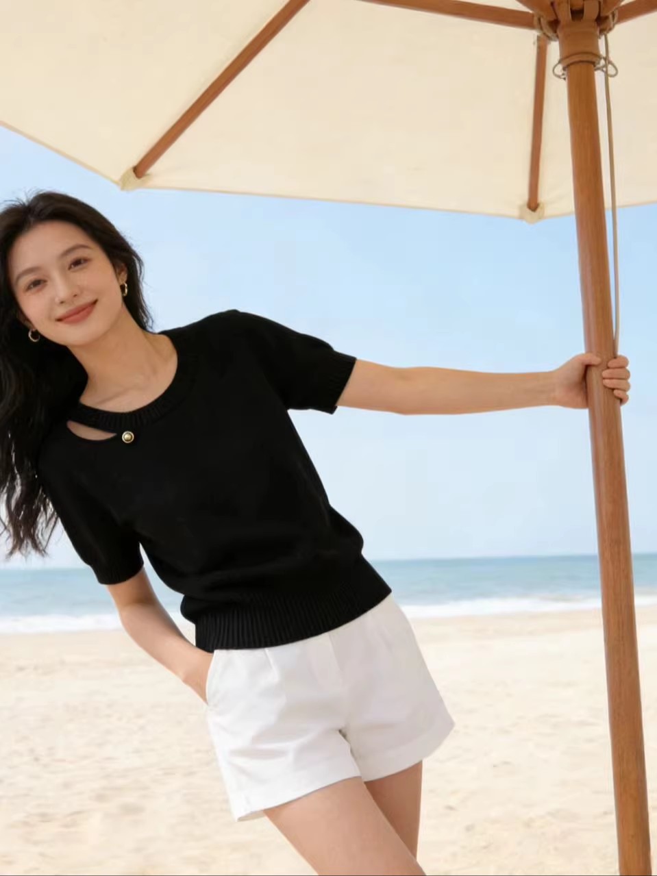2026夏季新款女士時尚減齡冰絲薄款上衣超好看紫色圓領短袖針織衫