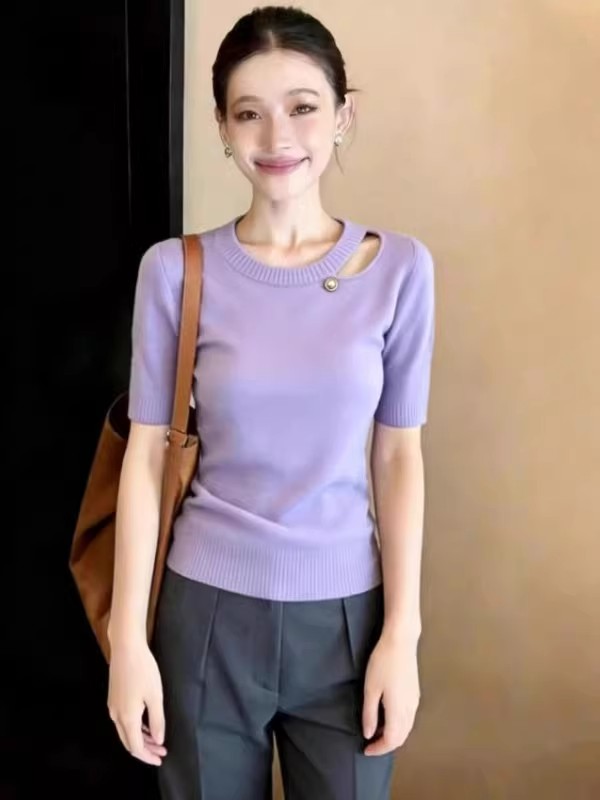 2026夏季新款圓領短袖針織衫女薄款鏤空設計百搭高級感上衣潮ins