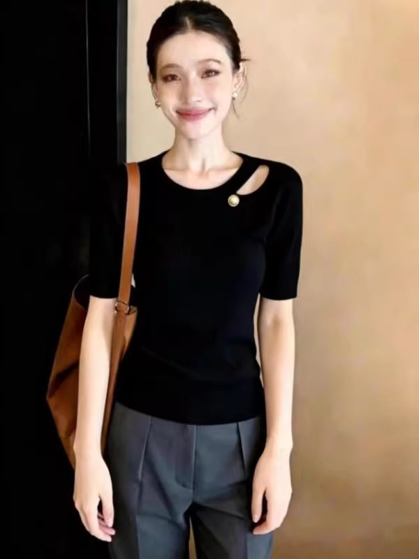 2026夏季新款圓領短袖針織衫女薄款鏤空設計百搭高級感上衣潮ins