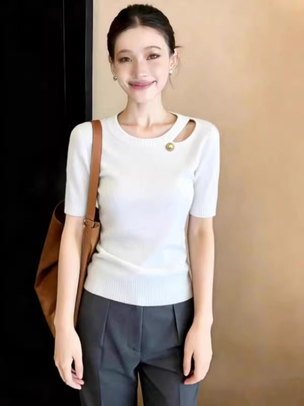 2026夏季新款圓領短袖針織衫女薄款鏤空設計百搭高級感上衣潮ins