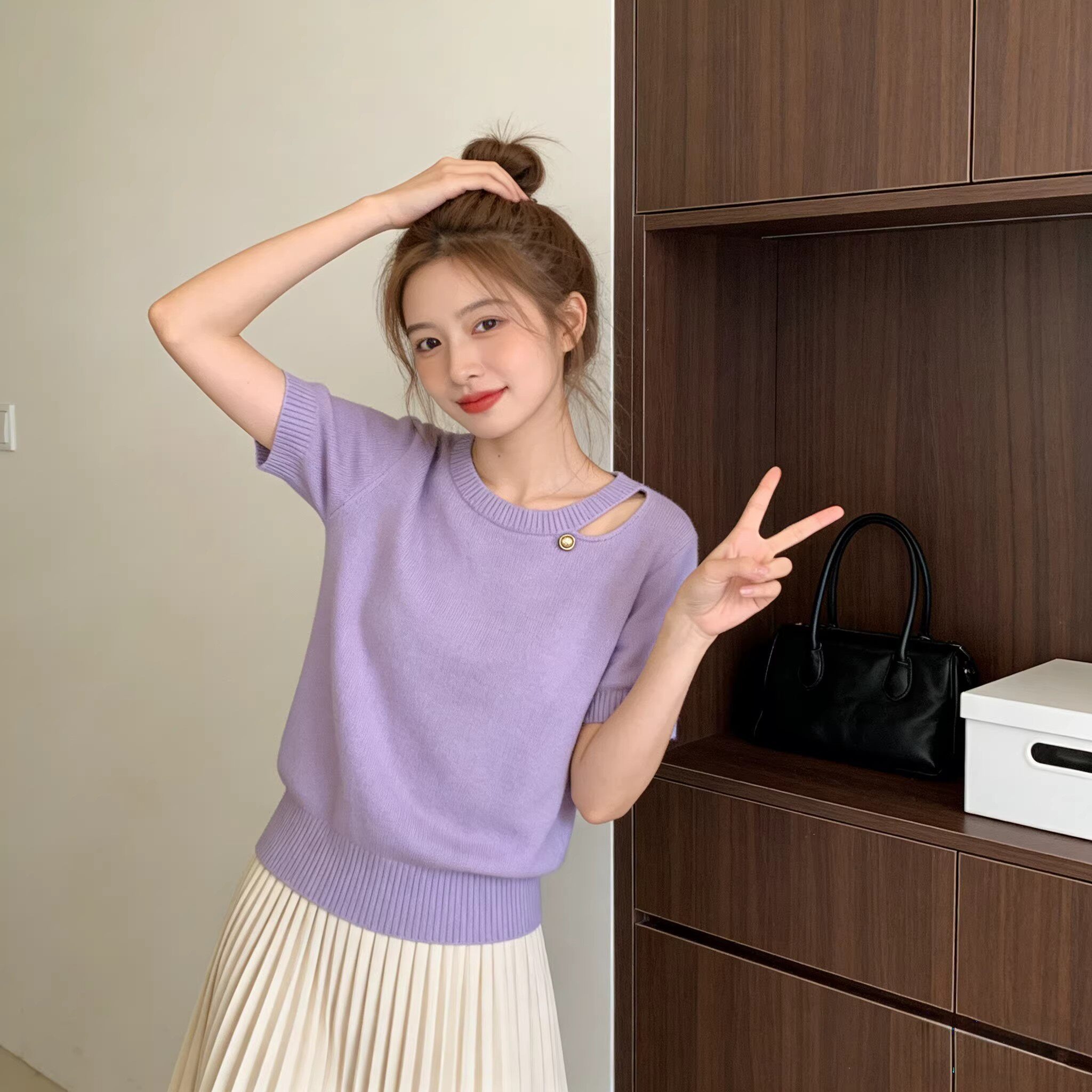2026夏季新款女時尚減齡冰絲薄款上衣超好看紫色圓領短袖針織衫