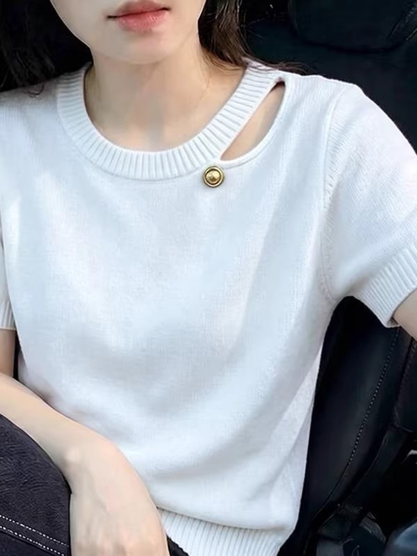 洋氣百搭圓領鏤空短袖女夏季針織寬松顯瘦上衣別致高級感打底衫
