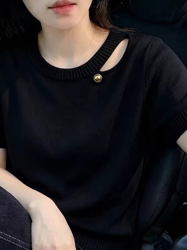 洋氣百搭圓領鏤空短袖女夏季針織寬松顯瘦上衣別致高級感打底衫