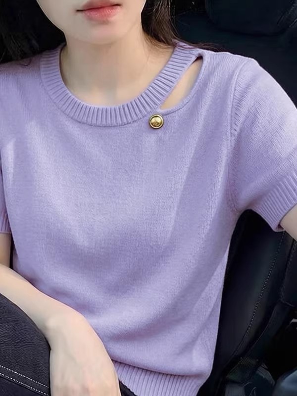 洋氣百搭圓領鏤空短袖女夏季針織寬松顯瘦上衣別致高級感打底衫