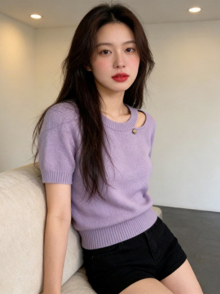 2026夏季新款女士時尚減齡冰絲薄款上衣超好看紫色圓領短袖針織衫