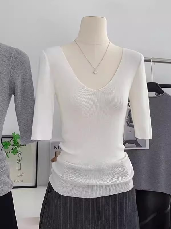 女夏季新款時尚針織衫獨特百搭短袖T恤氣質設計感修身顯瘦V領上衣