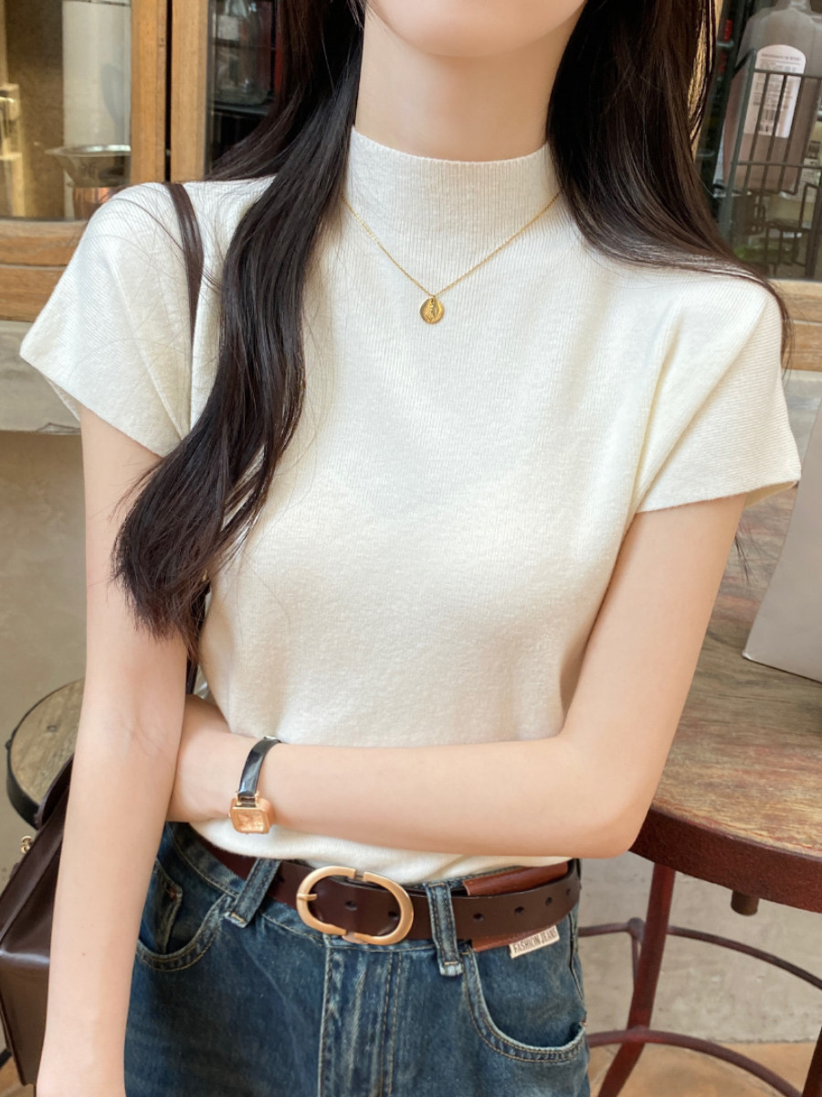半高領短袖t恤女2026新款春夏修身顯瘦打底衫內搭針織上衣