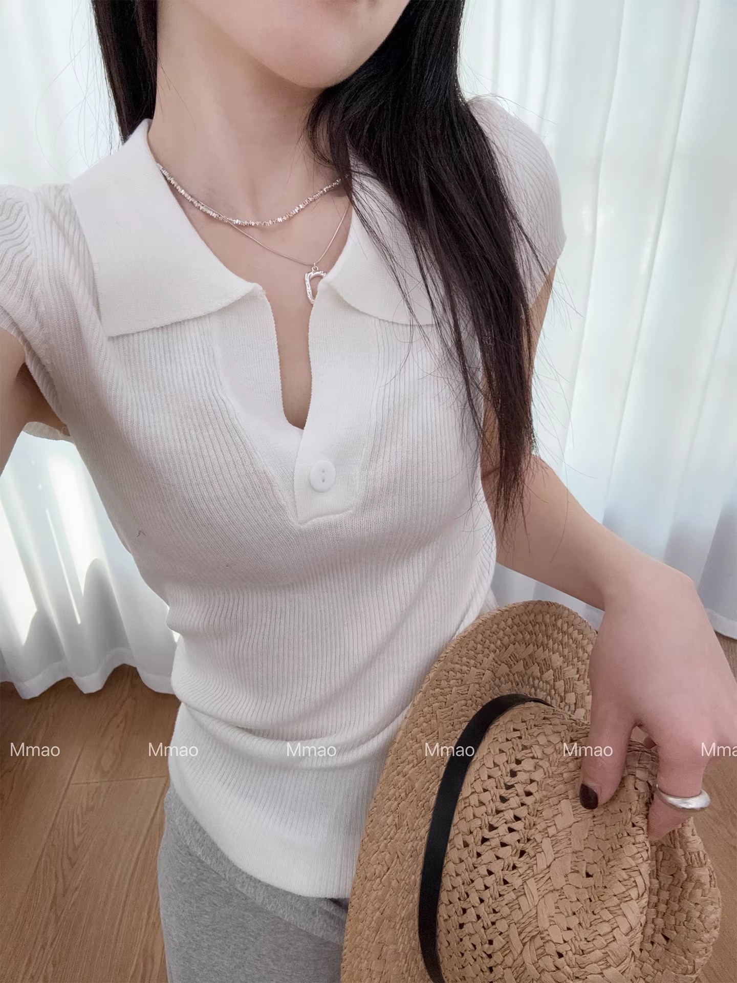 Mmao設計感一粒扣翻領針織衫短袖女夏季新款修身顯瘦t恤上衣薄款
