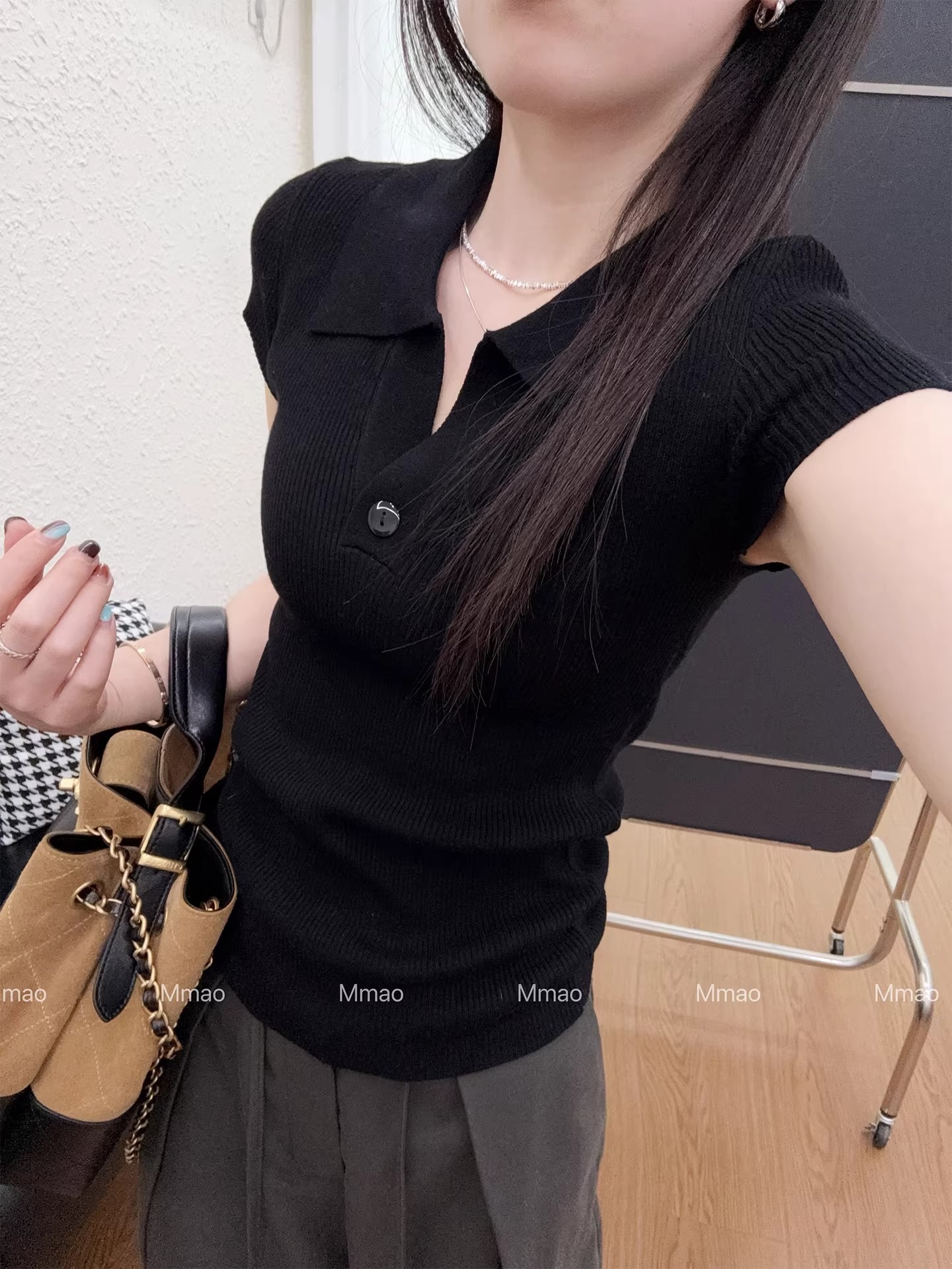 Mmao設計感一粒扣翻領針織衫短袖女夏季新款修身顯瘦t恤上衣薄款